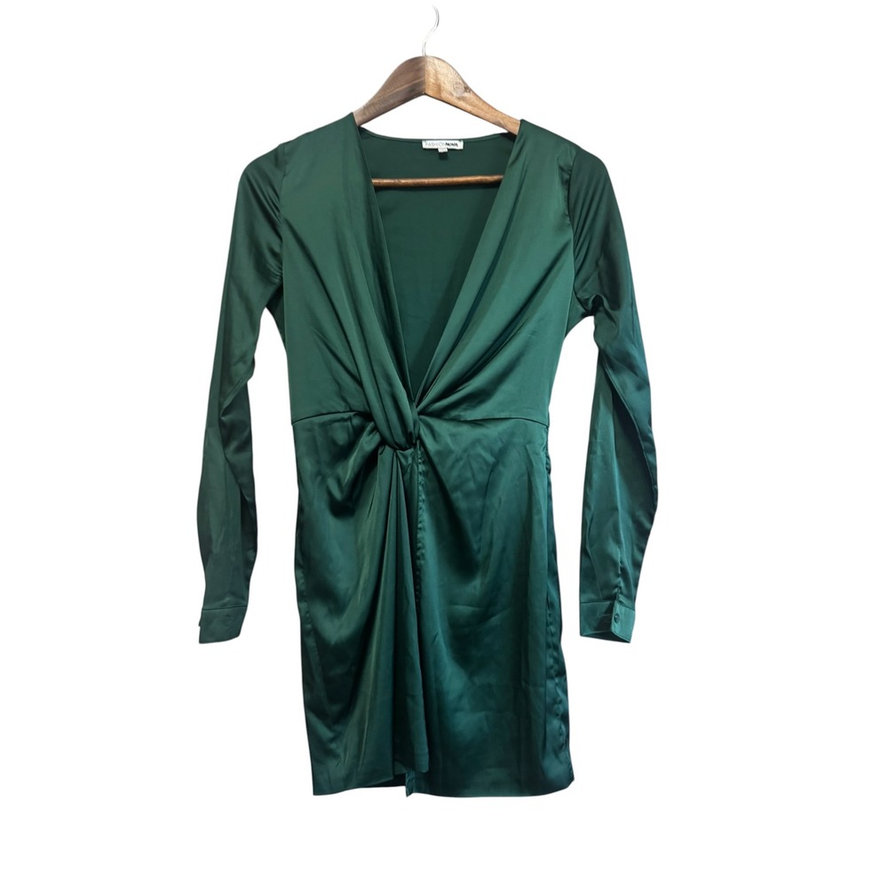 Fashion Nova Mini Dress Women S Green Excellent Satin Twist Front Long Sleeve